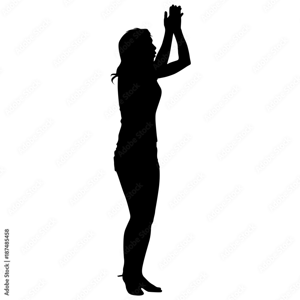 Silhouette of People with a raised hand on White Background