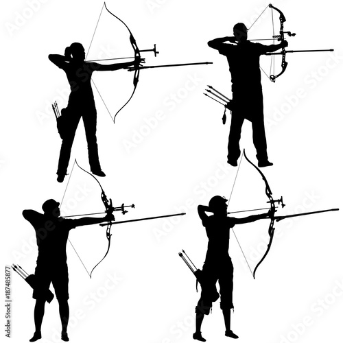 Fotografia Silhouette set attractive male and female archer bending a bow and aiming in the