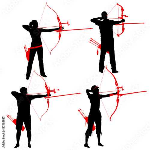 Fototapeta Silhouette set attractive male and female archer bending a bow and aiming in the