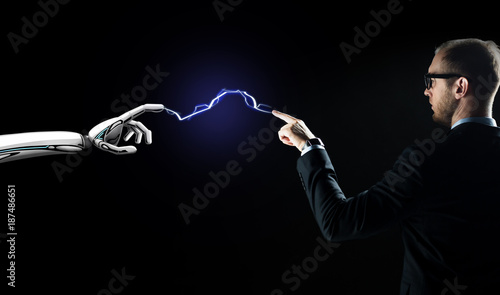 robot and businessman connected by lightning
