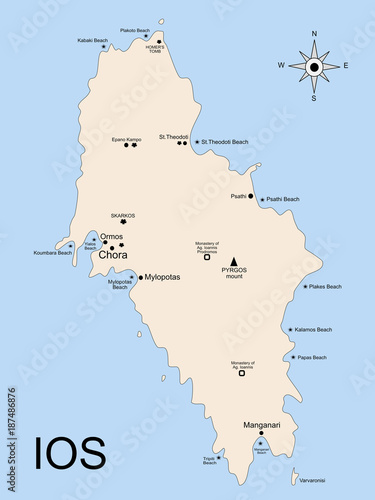 The geography map of Ios island, in the archipelago of the Cyclades islands. There is indicated the position of towns and beaches.