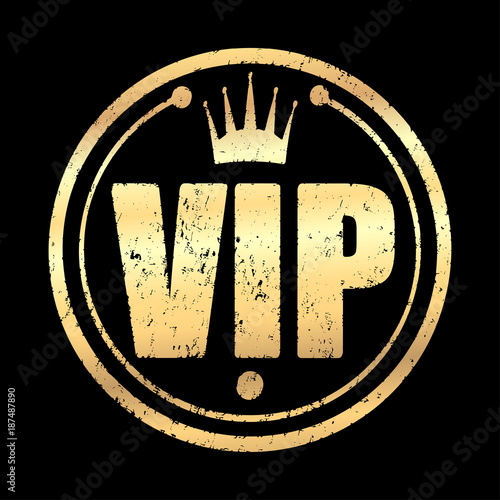 Gold round VIP grunge style rubber stamp icon with crown on a black background.