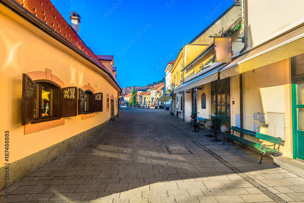 Samobor colorful architecture view. / Scenic view at picturesque old streets in Samobor town, Northern Croatia.