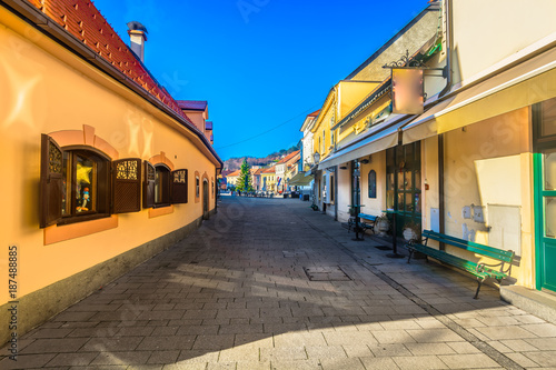 Samobor colorful architecture view. / Scenic view at picturesque old streets in Samobor town, Northern Croatia.