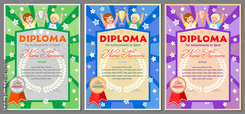 children's sports diploma or certificate for 1st, 2nd and 3rd places with a girl and a boy, cups and medals (gold, silver and bronze)