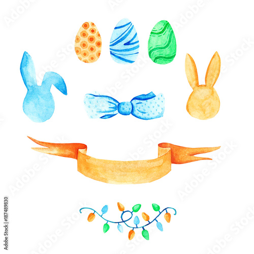 Watercolor Easter set: egg, rabbit, bow. For design, card, print or background