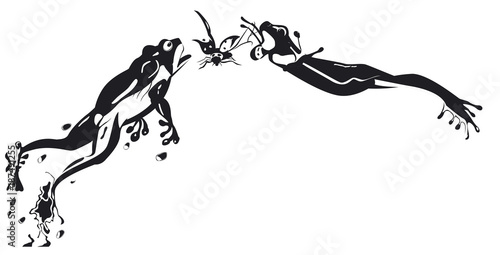 deux grenouilles sautent ensemble pour attraper une coccinelle