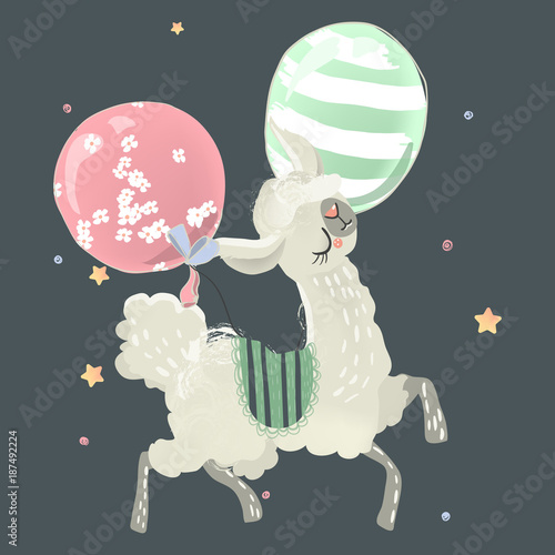 Cute flying baby animal llama, alpaca with balloons with flowers, blanket and stars