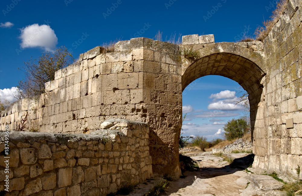 Gate of medium defensive wall of medieval city Chufut-Kale, Crimea