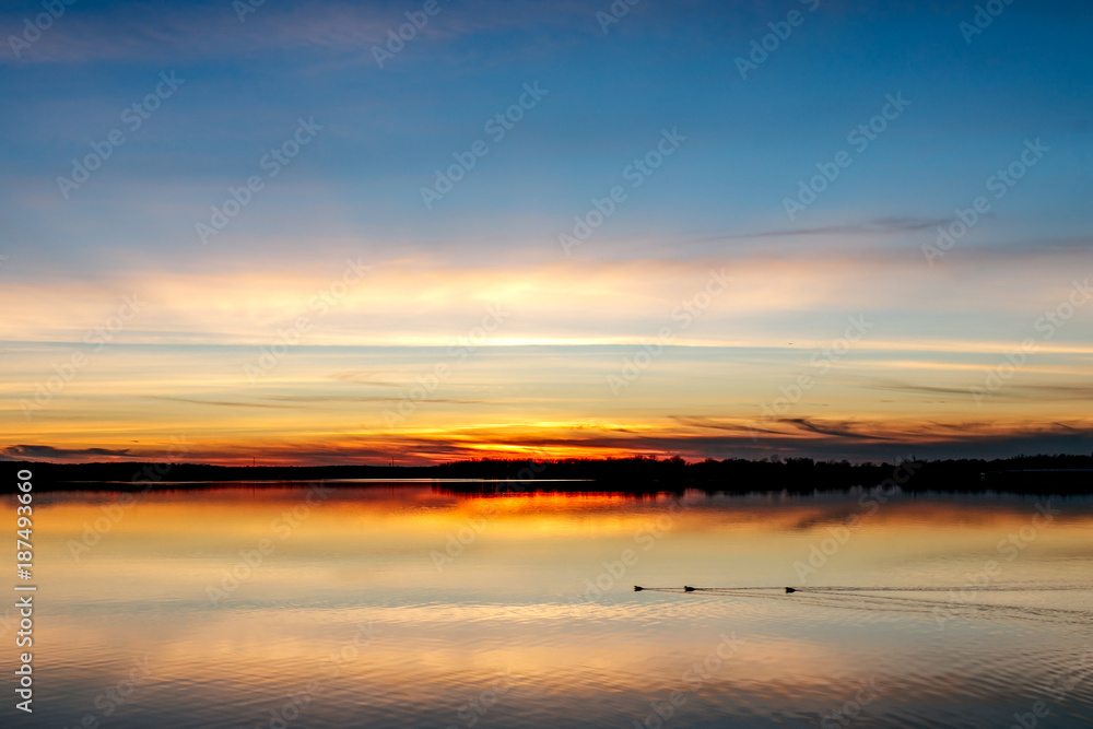 Sunset over lake Thunderbird, ducks swimming by.