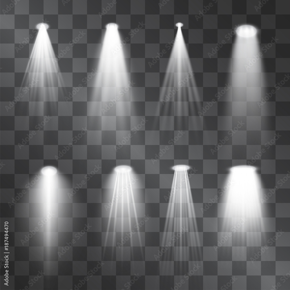 Silver light projector beams set. Glowing stage illumination isolated on  transparent background.  Show scene soffits to focus attention. Performance soffits for banners, posters. - obrazy, fototapety, plakaty 