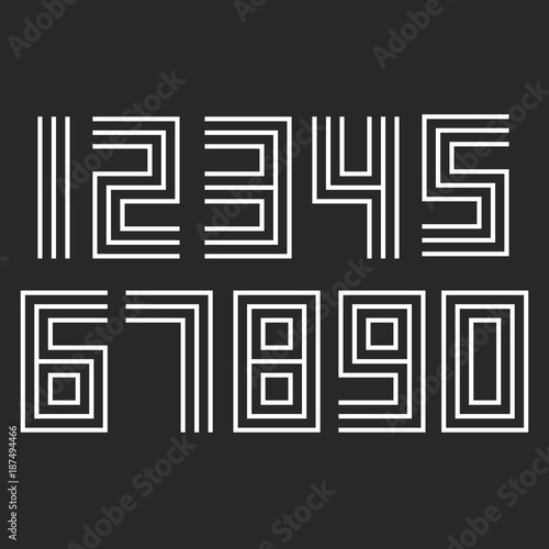 Numbers set linear hipster deco, parallel offset thin lines style idea numerals typography design element for stamp, simple mathematics symbols 1, 2, 3, 4, 5, 6, 7, 8, 9, 0.