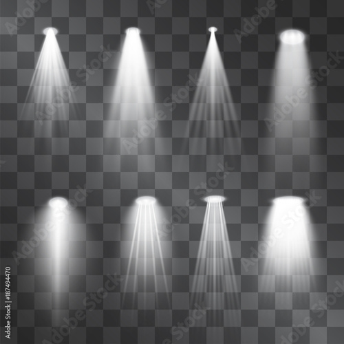 Silver light projector beams set. Glowing stage illumination isolated on transparent background. Show scene soffits to focus attention. Performance soffits for banners, posters.