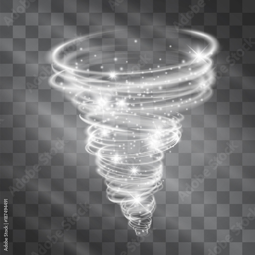 Light hurricane effect. Vector glowing tornado, swirling storm cone of shining stardust sparkles on transparent background. Glittering blizzard funnel, ice cold magical illumination. Whirlwind weather