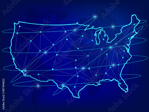 Global logistics network concept. Communications network map of the USA on the world background. USA map with nodes in polygonal style. Vector illustration EPS10. 