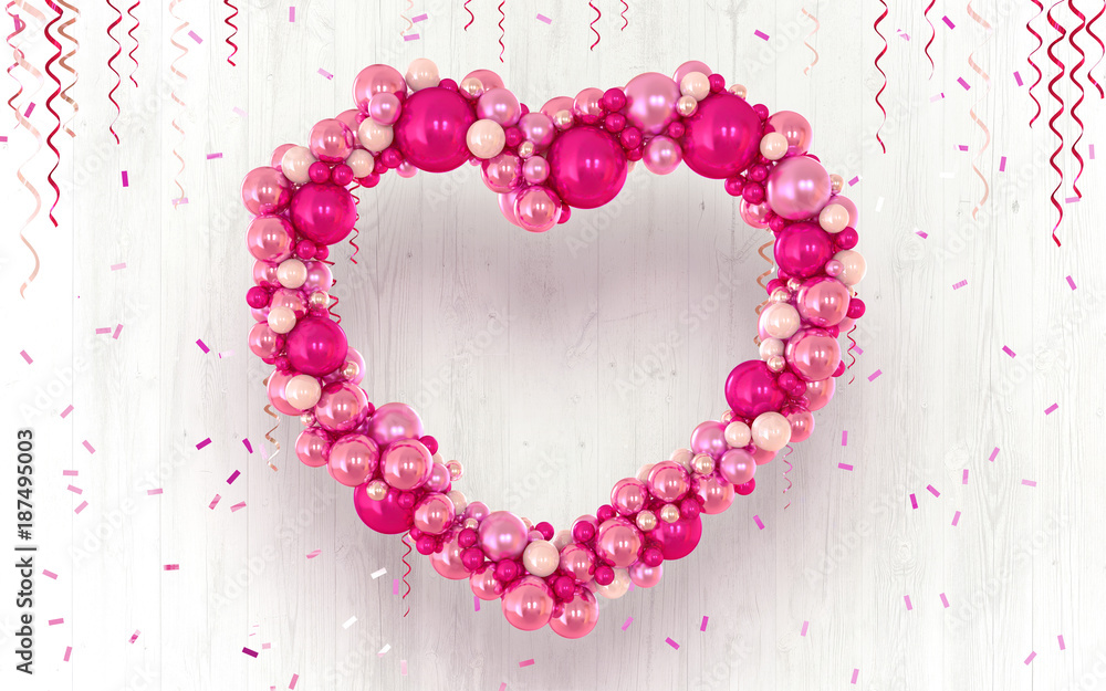 Obraz premium Pink heart shaped balls. Congratulations on Valentine's Day. On a light wooden background with a candy. 3D rendering
