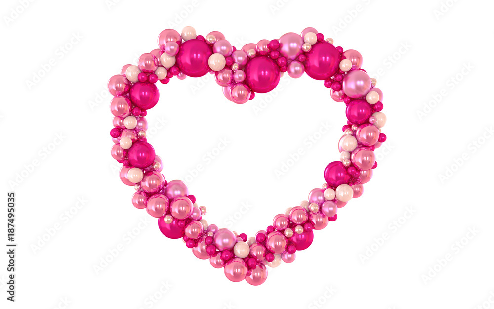Pink heart shaped balls. Congratulations on Valentine's Day. On a white isolated background. 3D rendering Pink heart shaped balls. Congratulations on Valentine's Day. On a white isolated background. 3D rendering