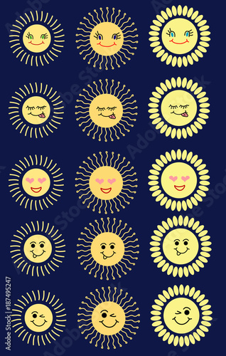 Set of sun emoticon illustrations, cartoon designs in flat art for weather or climate project, avatars, children clothes. photo