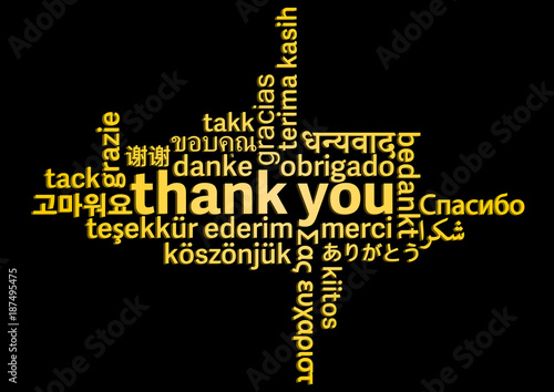 thank you word cloud in different languages on black background