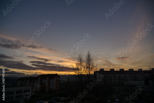 Sunrise and sunset over the buildings in the city. Slovakia 