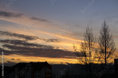 Sunrise and sunset over the buildings in the city. Slovakia 