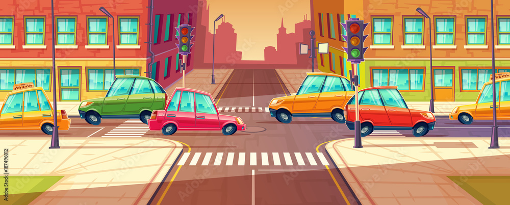Vector city crossroads, traffic jam, transport moving, vehicles navigation.  Urban highway, crosswalk with traffic lights. Cartoon illustration Stock  Vector | Adobe Stock