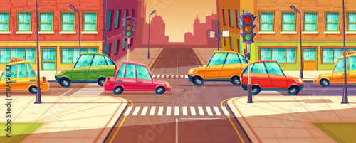 Vector city crossroads, traffic jam, transport moving, vehicles navigation. Urban highway, crosswalk with traffic lights. Cartoon illustration