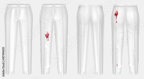 Vector realistic pair of pants, one dirty, crumpled with stain of wine, blood or ketchup, other white, clean and ironed, isolated on background. Front and back views, clothes before and after washing