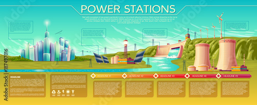 Vector power stations, modern city. business presentation, banner, brochure template. Infographics, text space. Renewable alternative, nuclear energy. Illustration with solar panel, windmill water dum