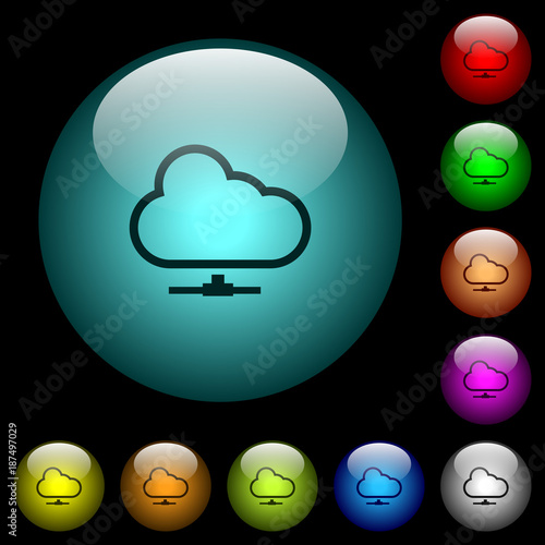 Cloud network icons in color illuminated glass buttons