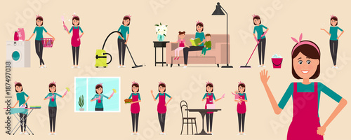 Beautiful woman is a housewife. Housework. A woman doing nanny, cleaning woman, housekeeper, cook.