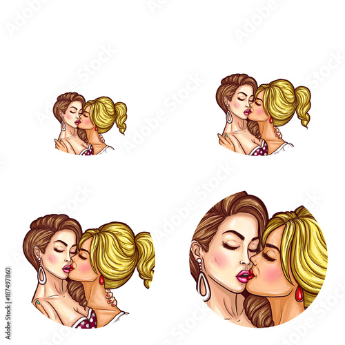 Vector pop art avatar or pictogram, icons for social net user profile, women kissing or girls lesbian adult couple kiss, sketch set. Lesbian, gay or LGBT love rights against discrimination symbols