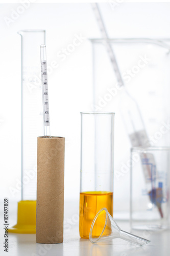 Glass thermometer and a hydrometer along with a laboratory glass on a light background
