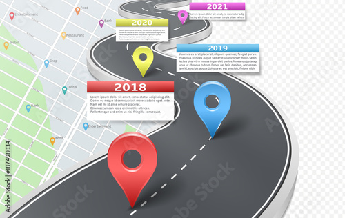 Vector company corporate milestone, history timeline, business presentation layout, infographic strategic plan workflow, navigation background. Car road with years, marks, pointers, concept template