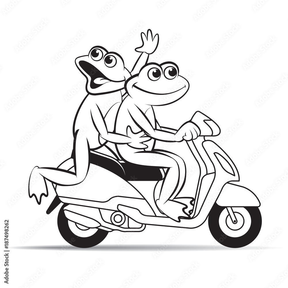 Vecteur Stock black outline two frog vector cartoon riding scooter happily  | Adobe Stock