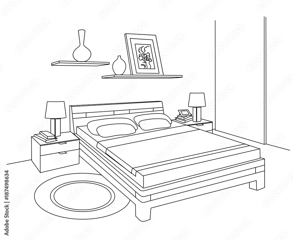 Vector illustration of hotel or studio, bed and wardrobe, shelves. Bedroom outline set.