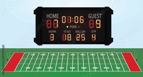 American football field with score board. vector illustration
