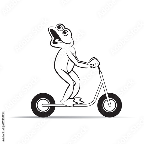black outline happy frog cartoon riding pushing scooter