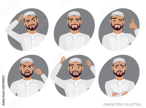 Muslim Arab Man character set of avatars © Anastasiia Kozubenko