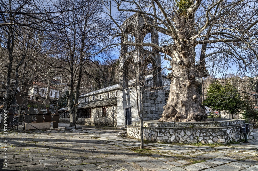 Naklejka premium Village of Kissos in Pelion, main square on a winter monring