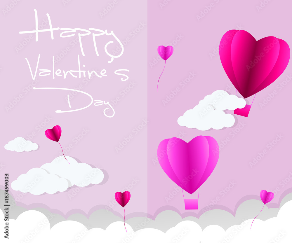 love Invitation card Valentine's day abstract background with text love and young joyful,clouds,paper cut pink heart. Vector