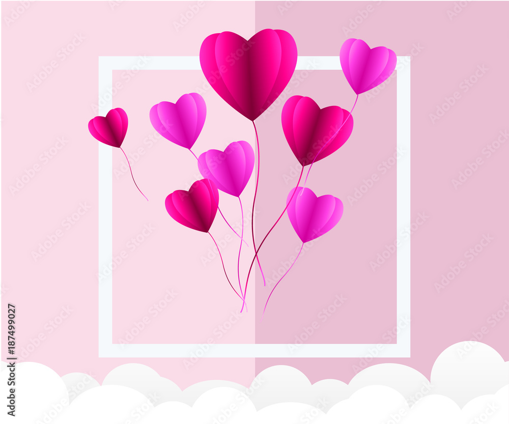 love Invitation card Valentine's day abstract background with text love and young joyful,clouds,paper cut pink heart. Vector