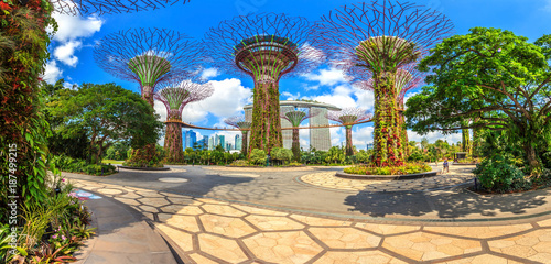 Panoramaaufnahme der Skyline von Singapur aus den Gardens by the Bay mit Supertrees fotografiert tagsüber bei Sonnenschein im Februar 2015 © Aquarius