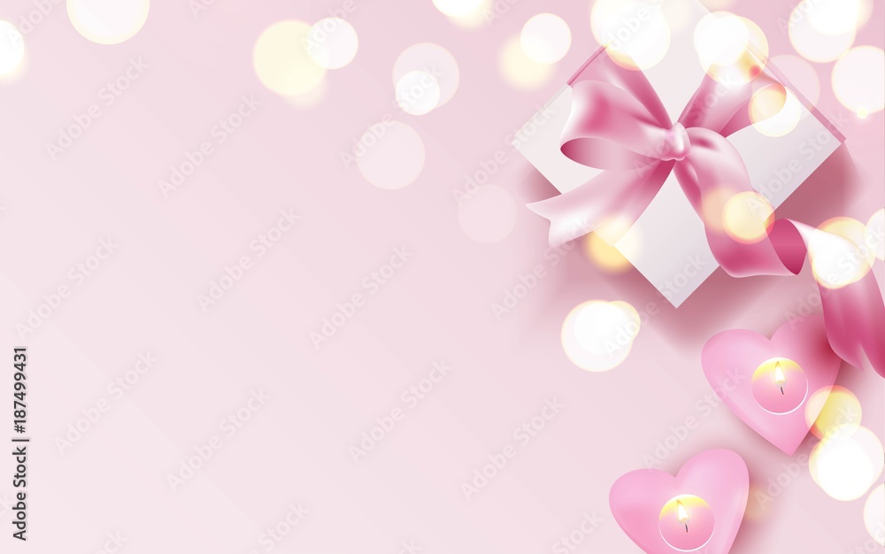 Pink candles and gift box on pink background. Beautiful romantic background with place for text. Vetor illustration