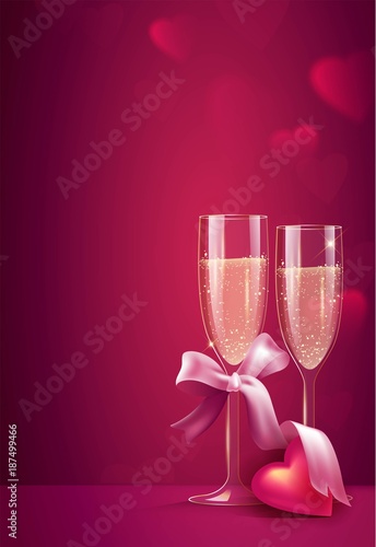 Two glasses of champagne with pink ribbon on pink background. Beautiful romantic background with place for text for Valentines day. Vetor illustration