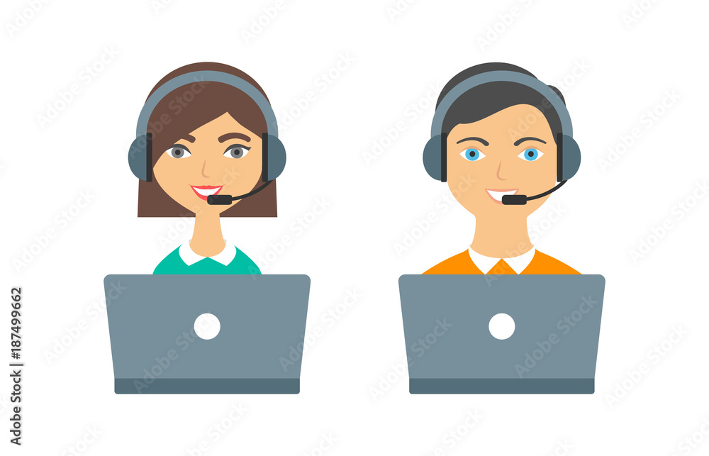 Support, call center operators woman and man with headphones and laptops Support, call center operators woman and man with headphones and laptops