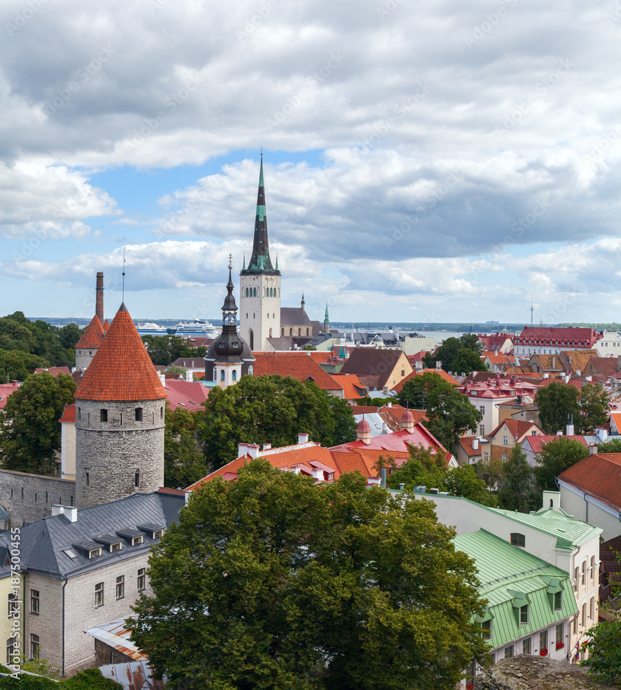 view from above of the ancient part of the city of Tallinn. Typical red tiled roofs. Estonia