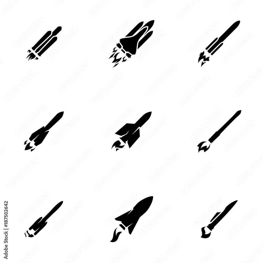 Set of black icons isolated on white background, on theme Rocket Set of black icons isolated on white background, on theme Rocket
