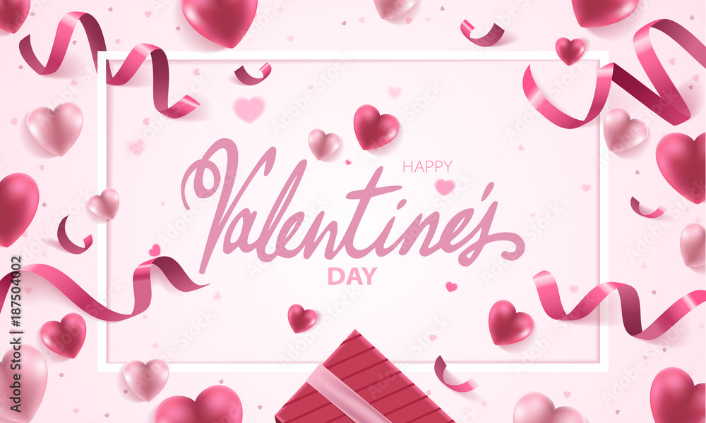 Happy Valentines Day holiday vector background illustration. Pink Hearts with ribbons, confetti and handwritten text on pink background. 