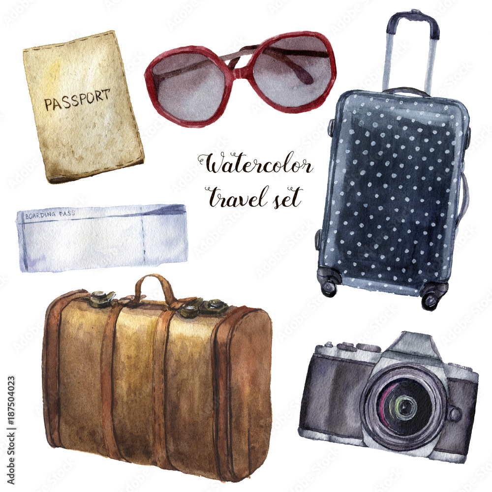 Watercolor travel, tourist objects collection Stock Illustration